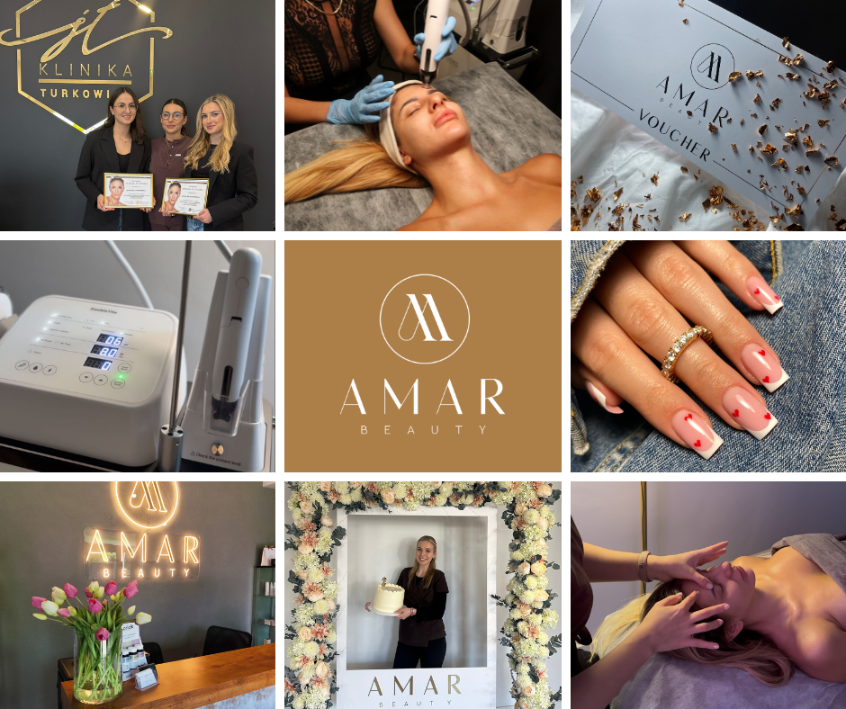 Kolaż AMAR Beauty: zespół, zabiegi, sprzęt, wnętrze salonu i voucher